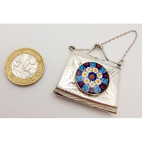 350 - Vintage SILVER PILL BOX in the form of a Purse. Having coloured enamel work to front, and Silver cha... 