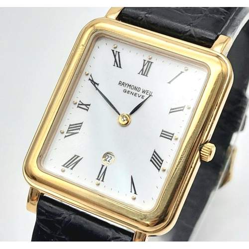 412 - A Vintage Raymond Weil Quartz Tank Watch. Black leather strap with original buckle. Gilded case - 29... 