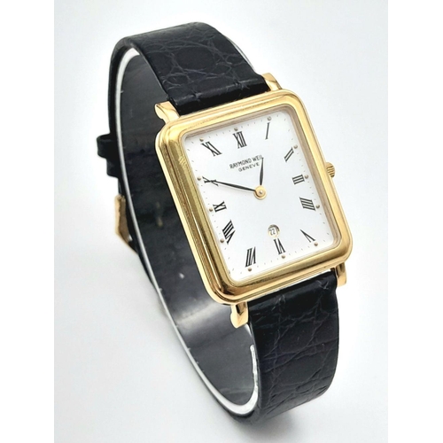 412 - A Vintage Raymond Weil Quartz Tank Watch. Black leather strap with original buckle. Gilded case - 29... 