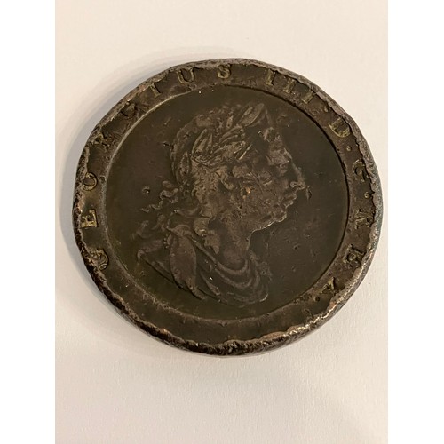 490 - 1797 TWO PENCE CARTWHEEL COIN. Condition about fine, some knocks around the edges.