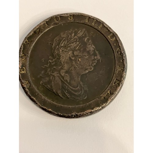 490 - 1797 TWO PENCE CARTWHEEL COIN. Condition about fine, some knocks around the edges.