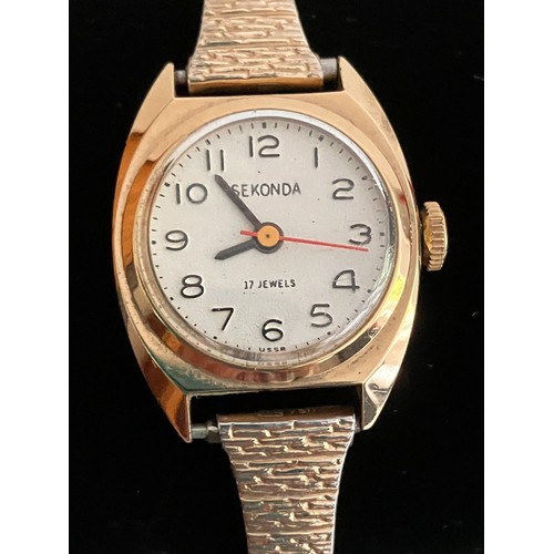 399 - Ladies vintage SEKONDA WRISTWATCH. Gold plated from original Soviet production. Red Second hand. Exp... 