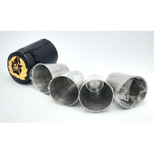 1501 - A set of 4 Russian military cups. Height: 5.5cm. Diameter 5cm. Come with leather zip case.