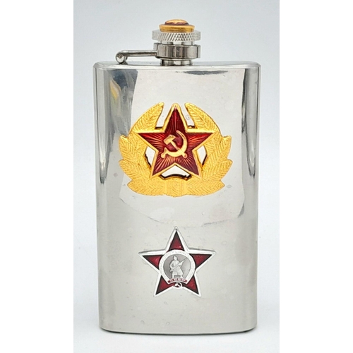 1512 - A Soviet armed forces flask with 3 badges. Stainless steel, 60z. 13.5 X 7.5cm.