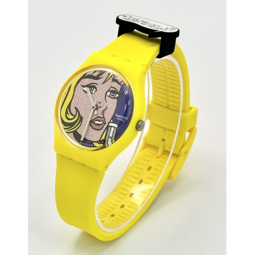 400 - A Classic Swatch MoMA Roy Lichtenstein 'Pop Art' Watch. Yellow strap and case. Lichtenstein print di... 