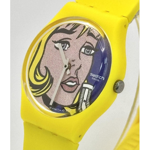 400 - A Classic Swatch MoMA Roy Lichtenstein 'Pop Art' Watch. Yellow strap and case. Lichtenstein print di... 