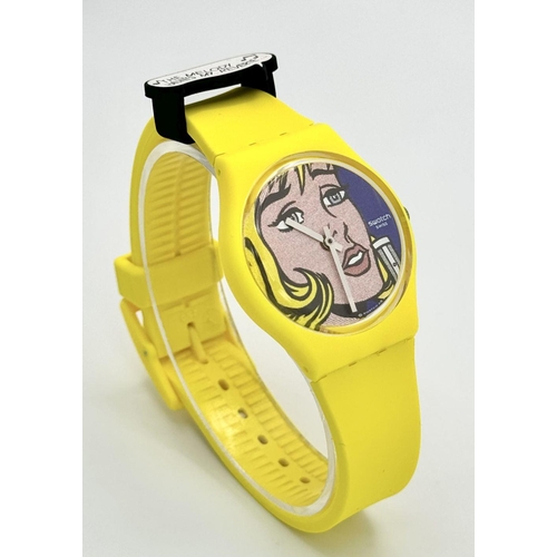 400 - A Classic Swatch MoMA Roy Lichtenstein 'Pop Art' Watch. Yellow strap and case. Lichtenstein print di... 