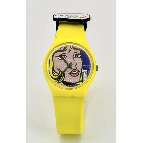 400 - A Classic Swatch MoMA Roy Lichtenstein 'Pop Art' Watch. Yellow strap and case. Lichtenstein print di... 