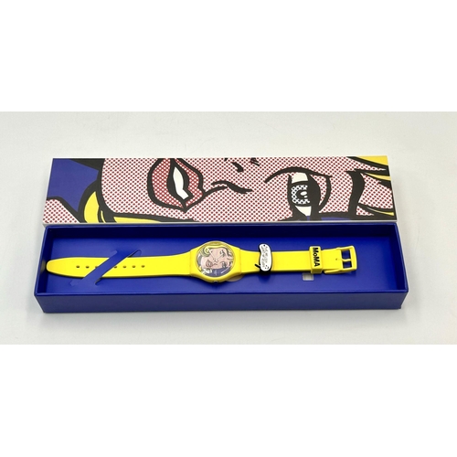 400 - A Classic Swatch MoMA Roy Lichtenstein 'Pop Art' Watch. Yellow strap and case. Lichtenstein print di... 