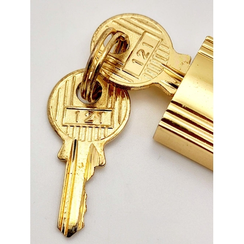 408 - A Gold Tone Hermes Branded Small Padlock with Two Keys.