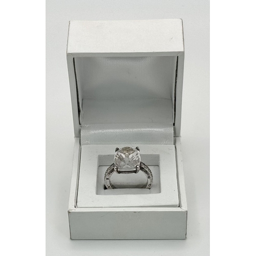 427 - THOMAS SABO SILVER RING. 4.5 carat Cushion cut Crystal Quartz set to top. Ring signed to inside band... 