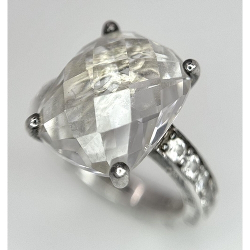 427 - THOMAS SABO SILVER RING. 4.5 carat Cushion cut Crystal Quartz set to top. Ring signed to inside band... 