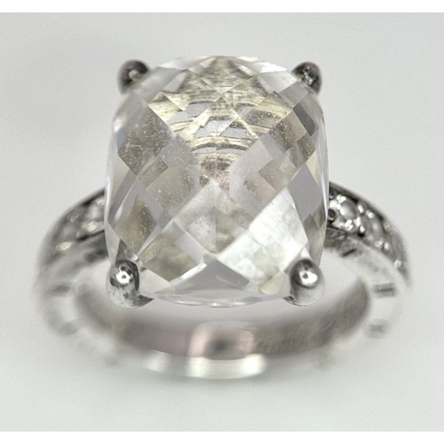 427 - THOMAS SABO SILVER RING. 4.5 carat Cushion cut Crystal Quartz set to top. Ring signed to inside band... 