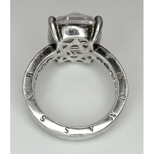 427 - THOMAS SABO SILVER RING. 4.5 carat Cushion cut Crystal Quartz set to top. Ring signed to inside band... 