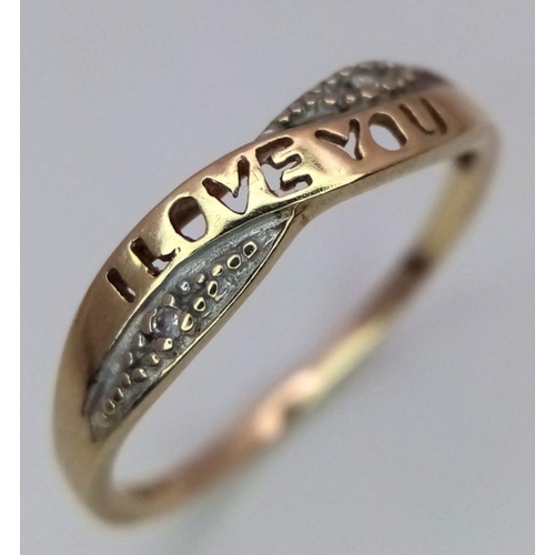 455 - Vintage 9 carat YELLOW and WHITE GOLD RING. Having ‘I love you’ cut out in Yellow Gold Crossover sty... 