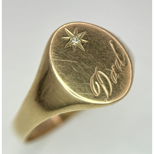 525 - Vintage  9 carat gold ‘DAD’ SIGNET RING. Oval shape top having the word DAD beneath a Diamond set st... 