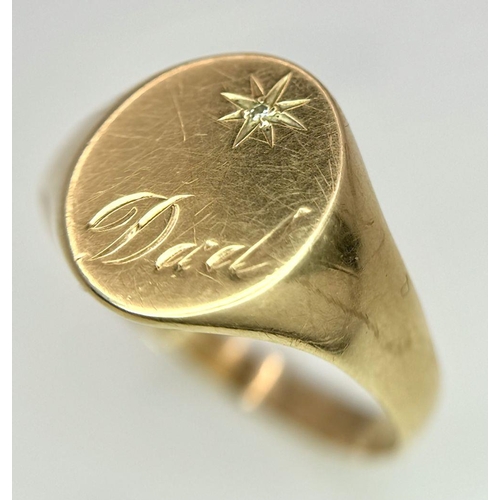 525 - Vintage  9 carat gold ‘DAD’ SIGNET RING. Oval shape top having the word DAD beneath a Diamond set st... 