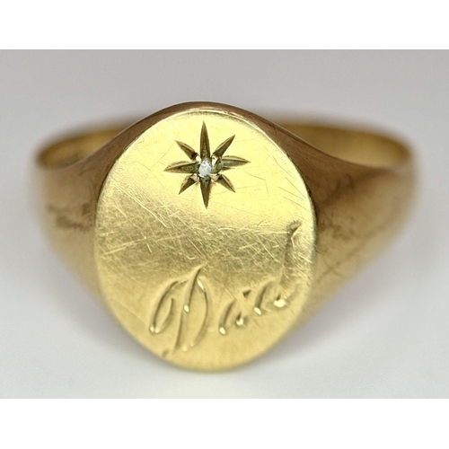 525 - Vintage  9 carat gold ‘DAD’ SIGNET RING. Oval shape top having the word DAD beneath a Diamond set st... 