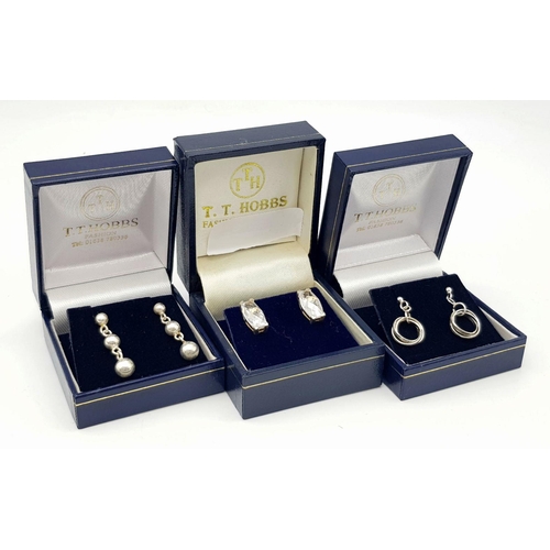 595 - 3 x Pairs of ‘HOBBS’ SILVER DESIGNER EARRINGS. Complete with HOBBS ring boxes. Condition new and unw... 