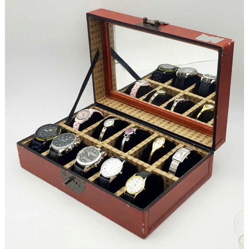 655 - A Vintage Oriental Ten Watch Wooden, Mirror Backed, Display Box Containing 5 Men’s and 5 Ladies Vint... 