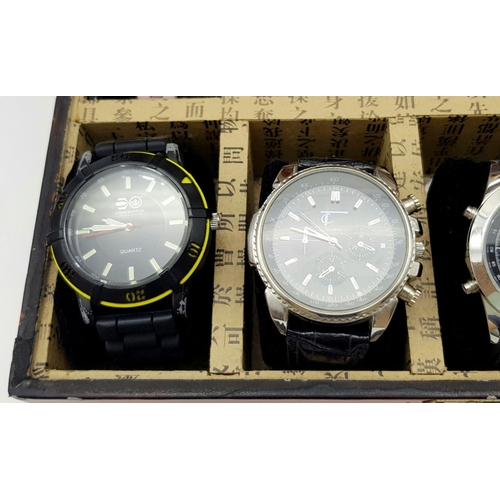 655 - A Vintage Oriental Ten Watch Wooden, Mirror Backed, Display Box Containing 5 Men’s and 5 Ladies Vint... 