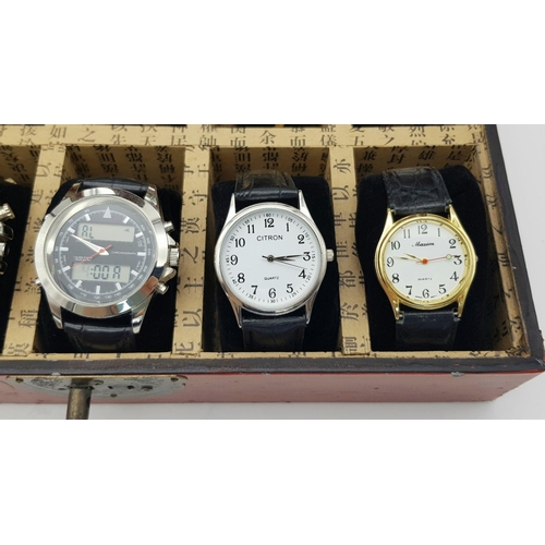 655 - A Vintage Oriental Ten Watch Wooden, Mirror Backed, Display Box Containing 5 Men’s and 5 Ladies Vint... 