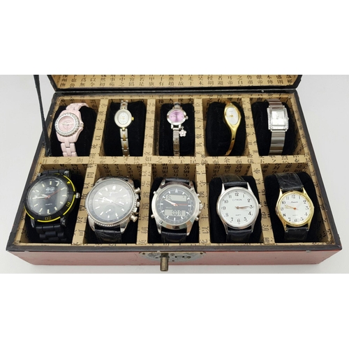 655 - A Vintage Oriental Ten Watch Wooden, Mirror Backed, Display Box Containing 5 Men’s and 5 Ladies Vint... 