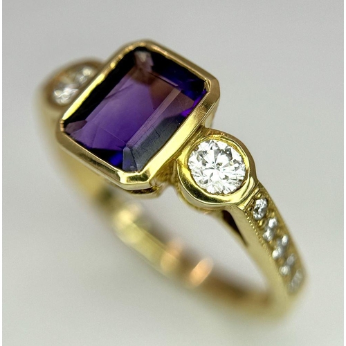 102 - An 18K Yellow Gold, Amethyst and Diamond Ring. 1ct central amethyst with a 0.15ct brilliant round cu... 