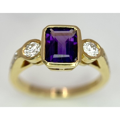 102 - An 18K Yellow Gold, Amethyst and Diamond Ring. 1ct central amethyst with a 0.15ct brilliant round cu... 