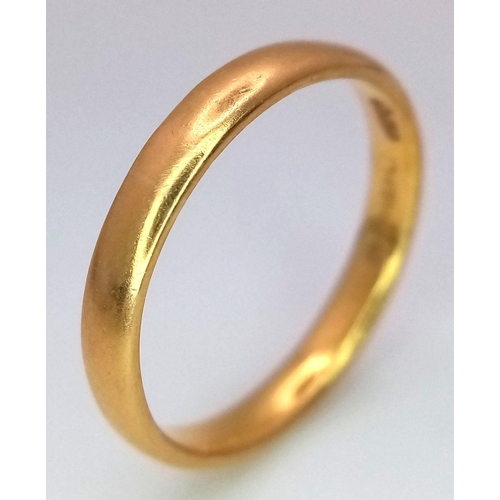 11 - A 22K Yellow Gold Band Ring. 4mm width. Size P 1/2. 3.7g weight.