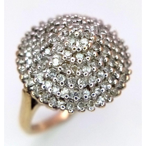 111 - 9K YELLOW GOLD DIAMOND CLUSTER RING. 1CT. 7.55G IN WEIGHT. SIZE S. Ref: SC 9030.