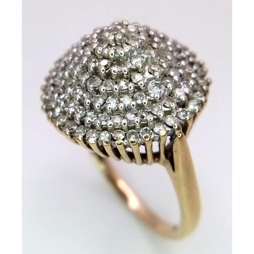 111 - 9K YELLOW GOLD DIAMOND CLUSTER RING. 1CT. 7.55G IN WEIGHT. SIZE S. Ref: SC 9030.