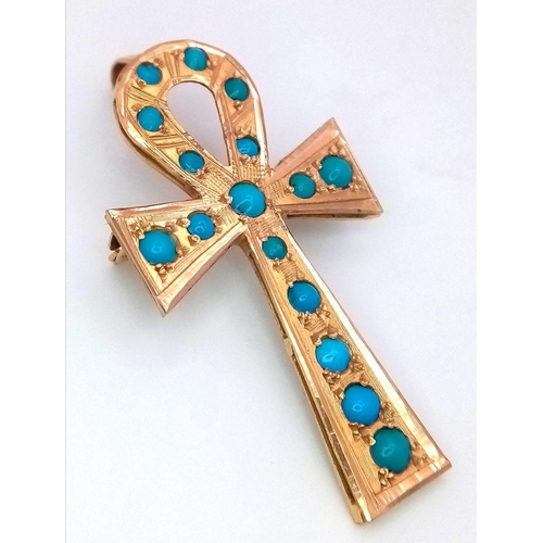 17 - A Vintage 21k Gold and Turquoise Ankh Cross Pendant/Brooch. Beautifully crafted in rich gold with sm... 