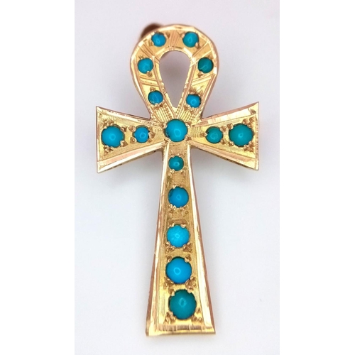 17 - A Vintage 21k Gold and Turquoise Ankh Cross Pendant/Brooch. Beautifully crafted in rich gold with sm... 