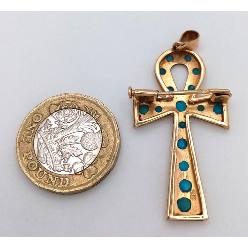 17 - A Vintage 21k Gold and Turquoise Ankh Cross Pendant/Brooch. Beautifully crafted in rich gold with sm... 