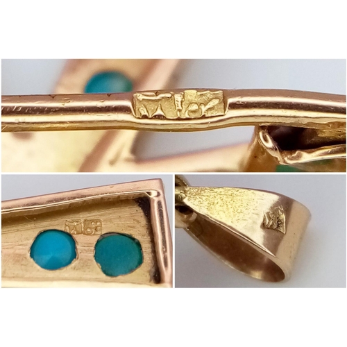 17 - A Vintage 21k Gold and Turquoise Ankh Cross Pendant/Brooch. Beautifully crafted in rich gold with sm... 