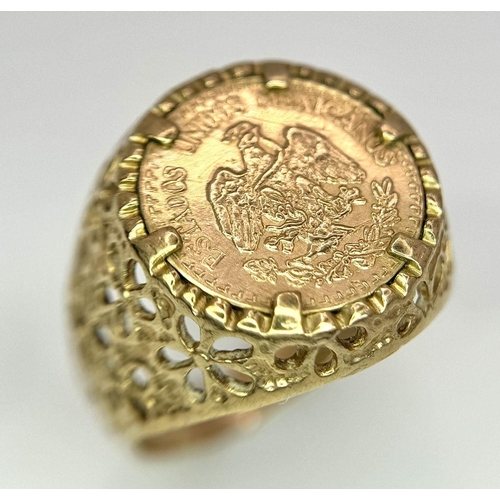 53 - A 22k Gold Dos Pesos Mexican Coin on a 9K Gold Ring Mount. 
Size P. 3.95g total weight.