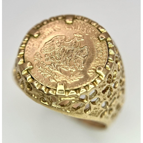 53 - A 22k Gold Dos Pesos Mexican Coin on a 9K Gold Ring Mount. 
Size P. 3.95g total weight.