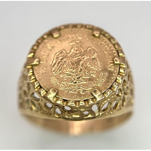 53 - A 22k Gold Dos Pesos Mexican Coin on a 9K Gold Ring Mount. 
Size P. 3.95g total weight.