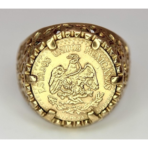 53 - A 22k Gold Dos Pesos Mexican Coin on a 9K Gold Ring Mount. 
Size P. 3.95g total weight.