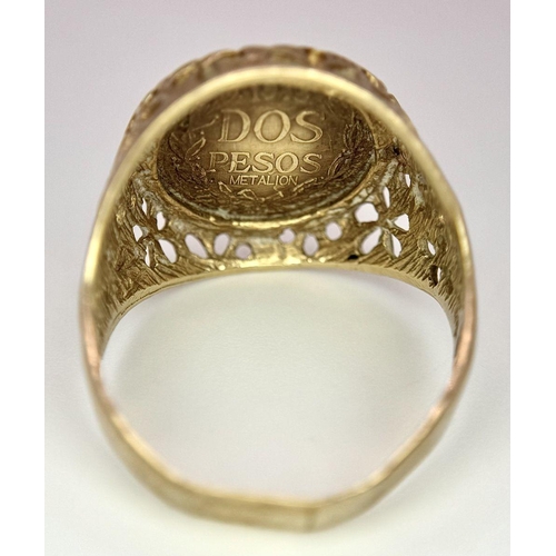 53 - A 22k Gold Dos Pesos Mexican Coin on a 9K Gold Ring Mount. 
Size P. 3.95g total weight.