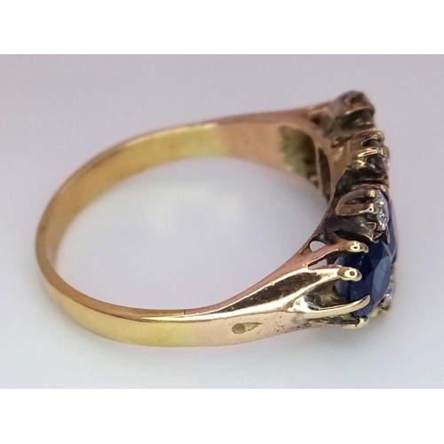 29 - A Gorgeous 18K Yellow Gold, Diamond and Sapphire Ring. Four deep blue round sapphires - 2ctw, with t... 