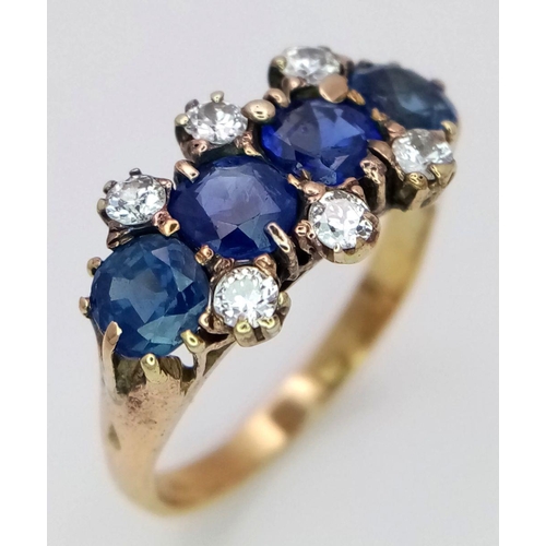 29 - A Gorgeous 18K Yellow Gold, Diamond and Sapphire Ring. Four deep blue round sapphires - 2ctw, with t... 