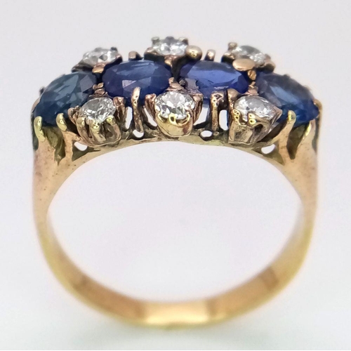 29 - A Gorgeous 18K Yellow Gold, Diamond and Sapphire Ring. Four deep blue round sapphires - 2ctw, with t... 