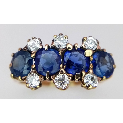 29 - A Gorgeous 18K Yellow Gold, Diamond and Sapphire Ring. Four deep blue round sapphires - 2ctw, with t... 