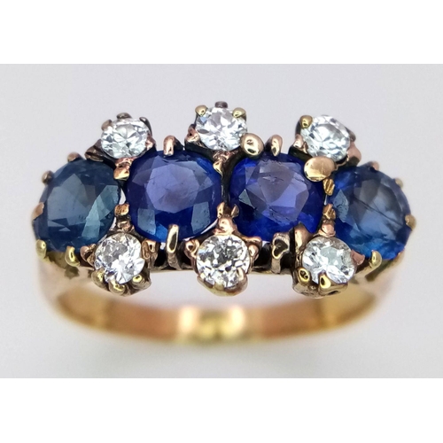 29 - A Gorgeous 18K Yellow Gold, Diamond and Sapphire Ring. Four deep blue round sapphires - 2ctw, with t... 