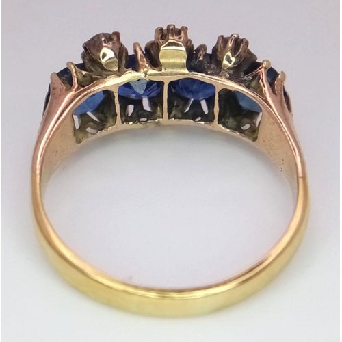 29 - A Gorgeous 18K Yellow Gold, Diamond and Sapphire Ring. Four deep blue round sapphires - 2ctw, with t... 