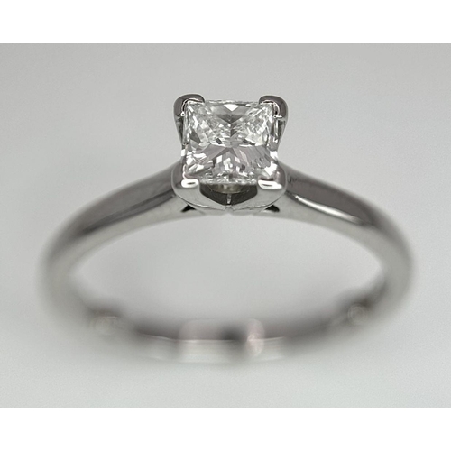 34 - A PLATINUM DIAMOND SOLITAIRE RING - 0.50CT PRINCESS CUT. 4.1G. SIZE L. 

REF: A/S 1069