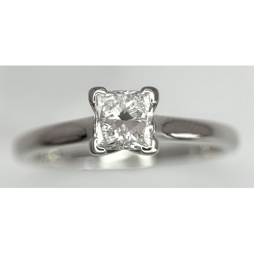 34 - A PLATINUM DIAMOND SOLITAIRE RING - 0.50CT PRINCESS CUT. 4.1G. SIZE L. 

REF: A/S 1069