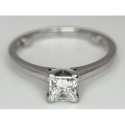 34 - A PLATINUM DIAMOND SOLITAIRE RING - 0.50CT PRINCESS CUT. 4.1G. SIZE L. 

REF: A/S 1069